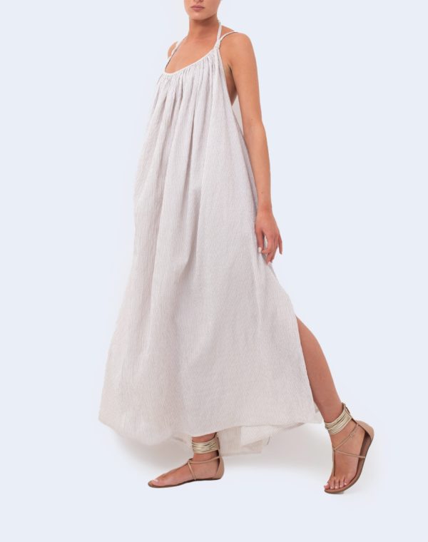 Long striped backless dress in beige and white - Made in France