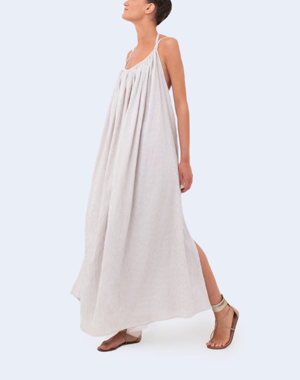 Long striped backless dress in beige and white - Made in France