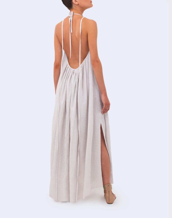 Long striped backless dress in beige and white
